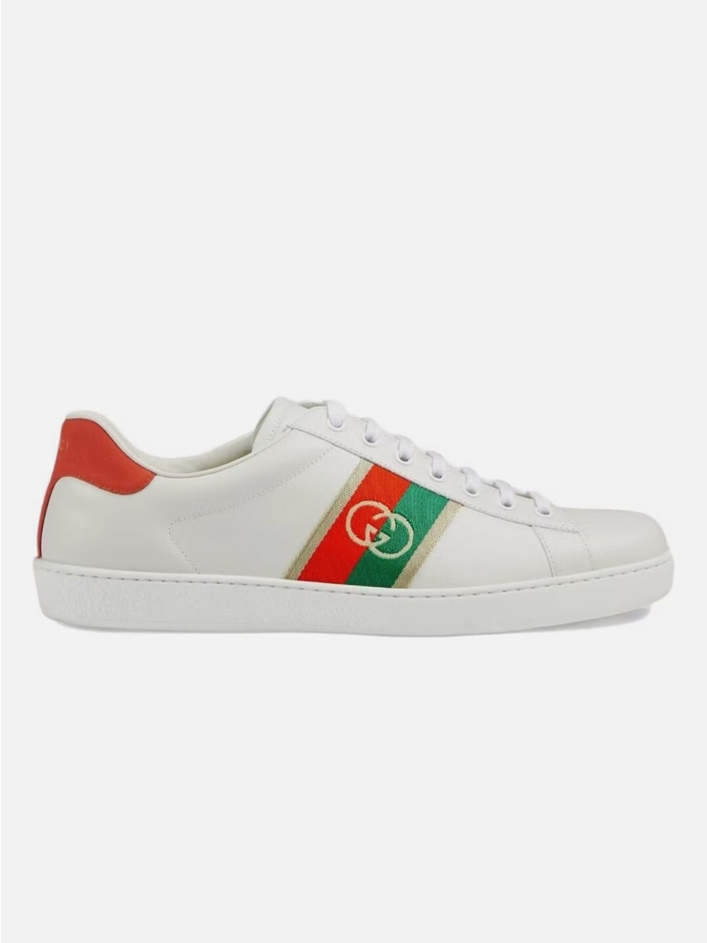 Authentic GUCCI ‘ACE’ SNEAKERS White Leather Sneakers with Red & Green Web Strip
